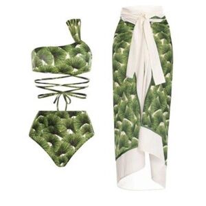 Flaxmaker one shoulder printed bikini swimsuit and cover up